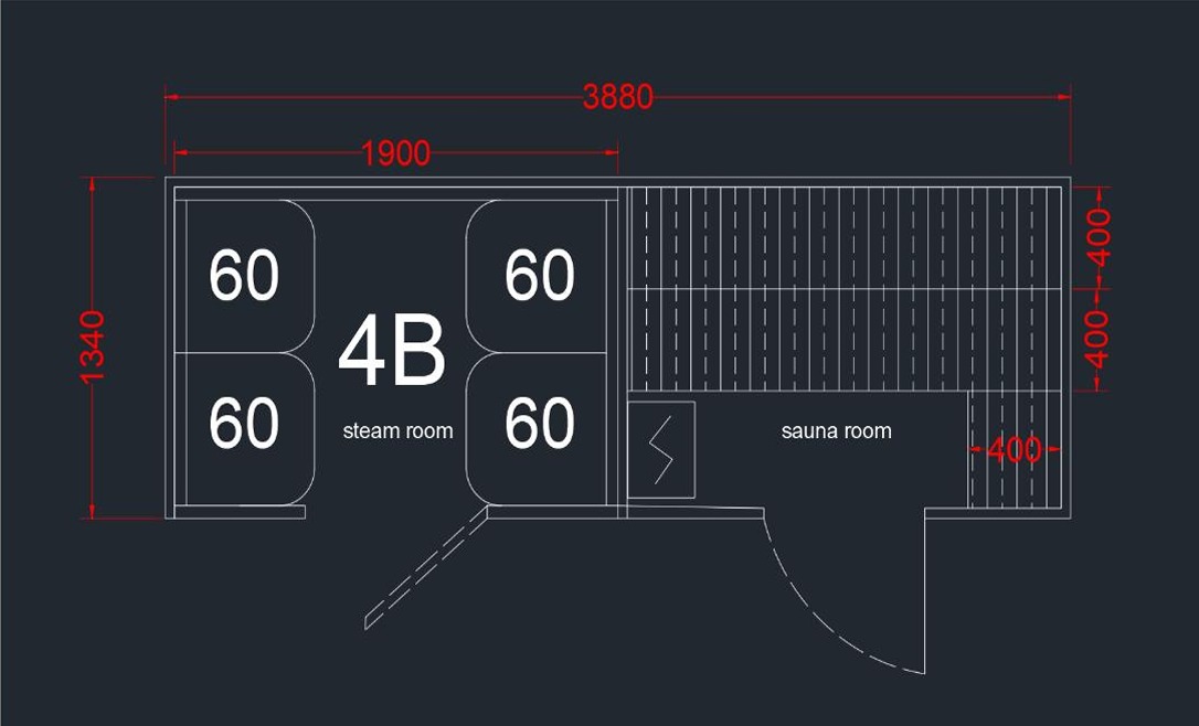 Wellness Cabin 4B floor plan — 3880 × 1340 mm