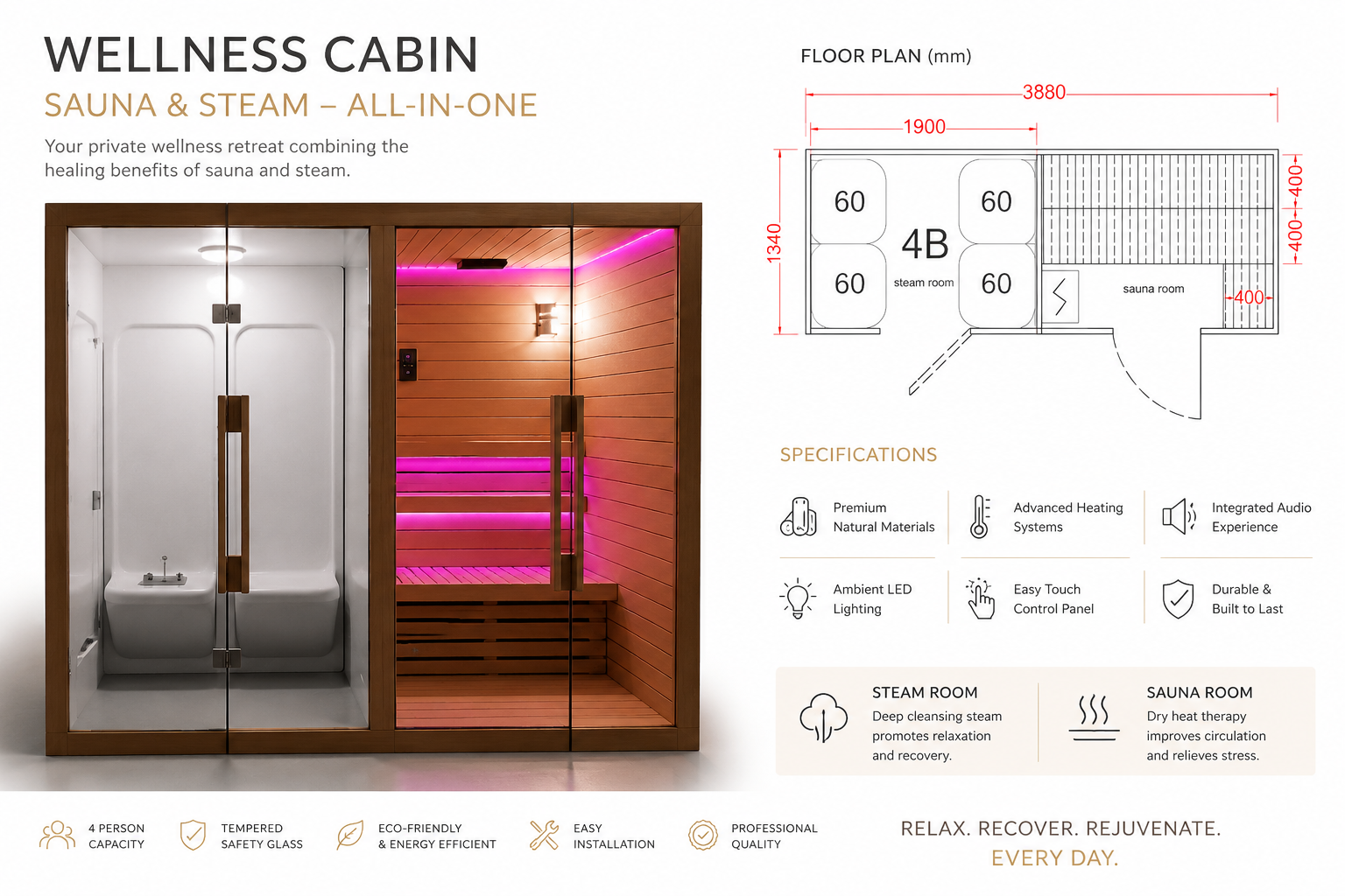 Saunacasa Wellness Cabin — sauna & steam all-in-one, floor plan, specifications